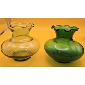 Two Vintage Vases Small 3.25" Anchor Hocking  One Light Green Plus Emerald Green